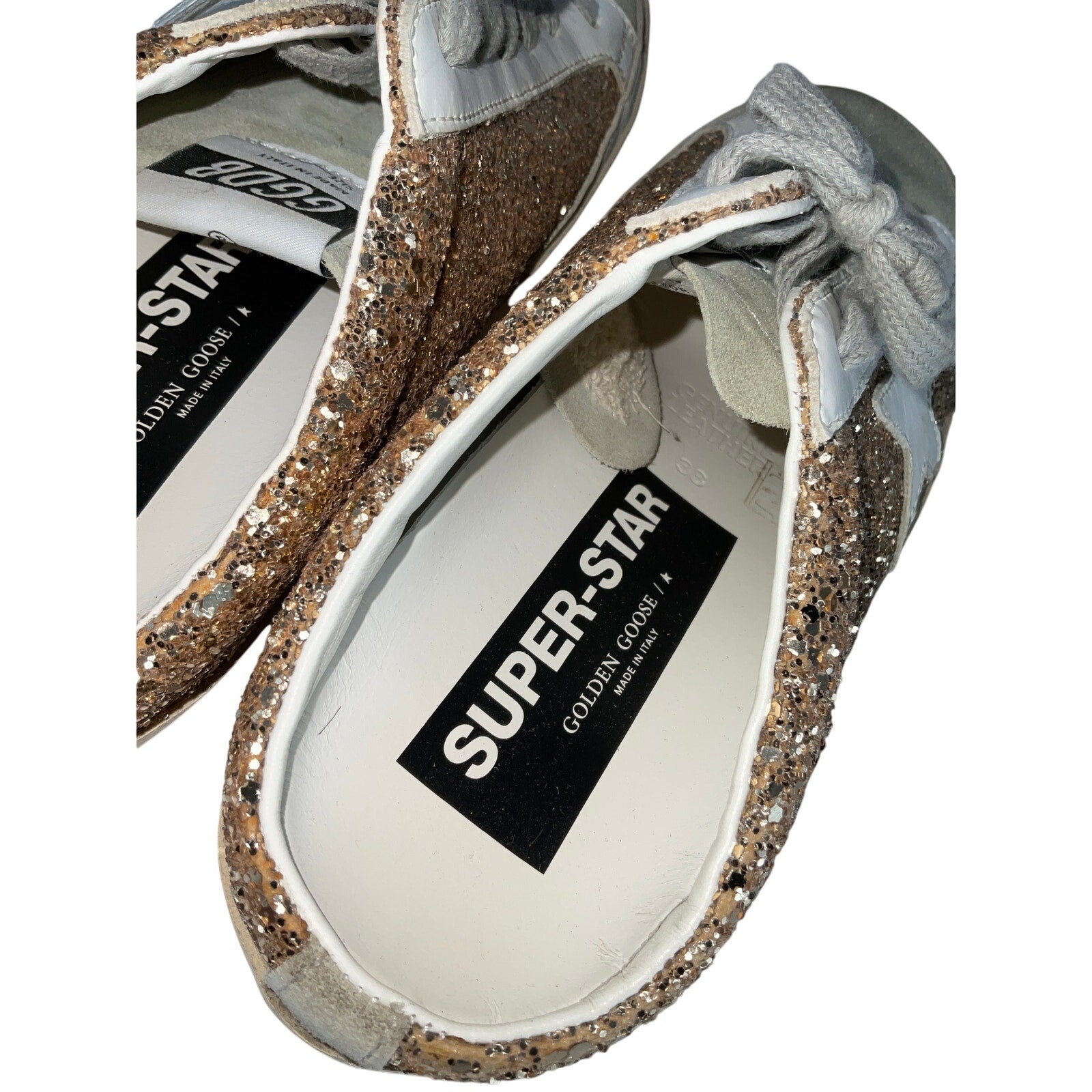 Golden Goose Super-Star 'Sabot' Gold Leather Distressed Glittered Slip-On Sneakers Size 8