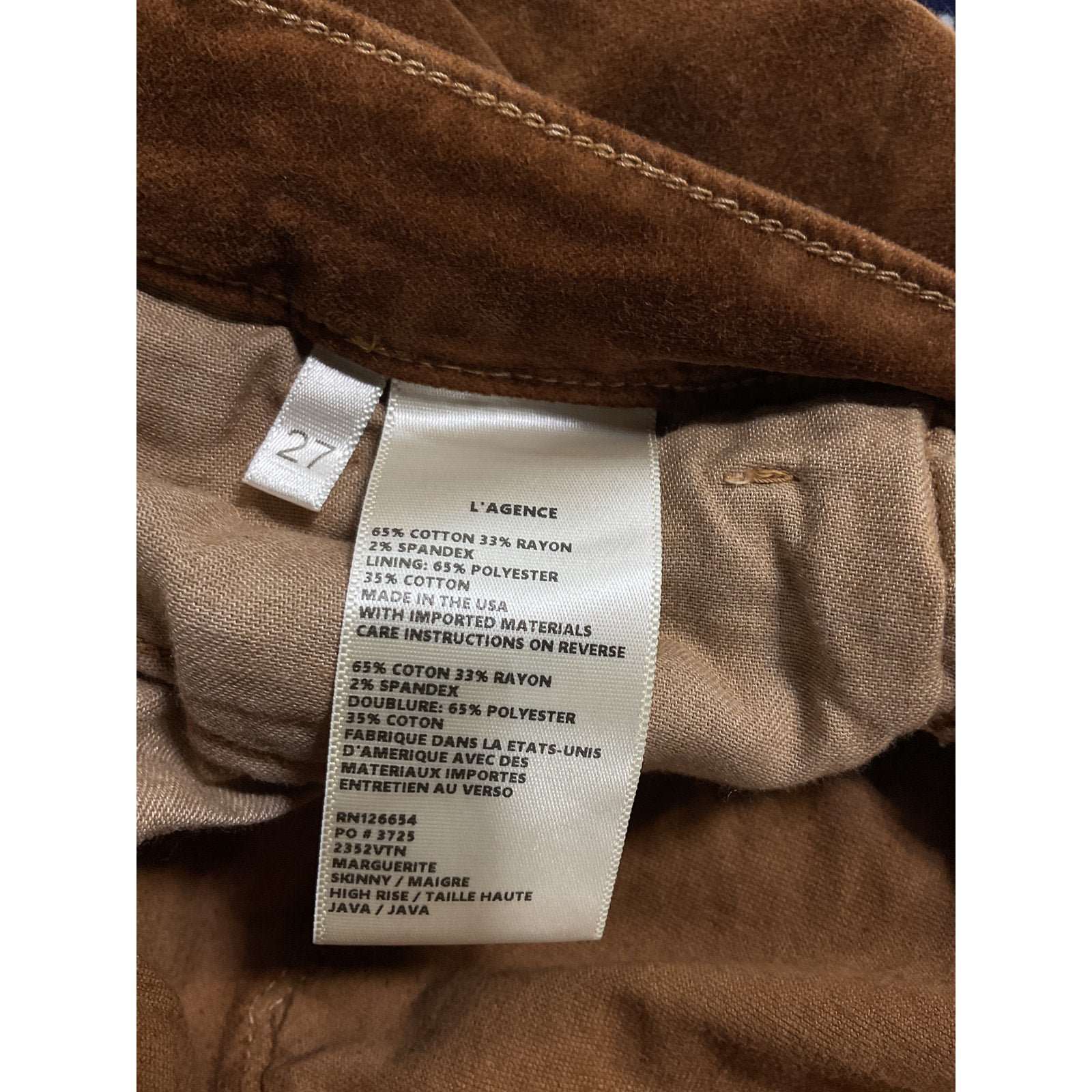 L'Agence 'Marguerite' Brown Velvet Denim Jean Size 27