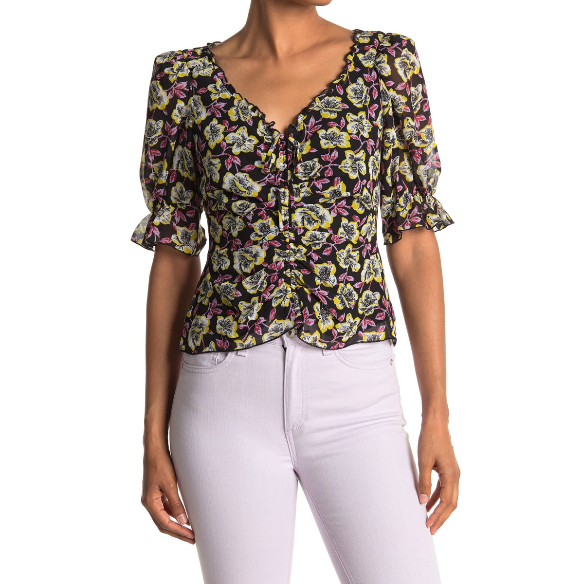 Cinq à Sept Floral Black Multi Kimberly Blouse Size S