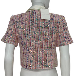 Endless Rose Shimmering Pink Tweed Short Sleeve Cropped Blazer Size S NWT