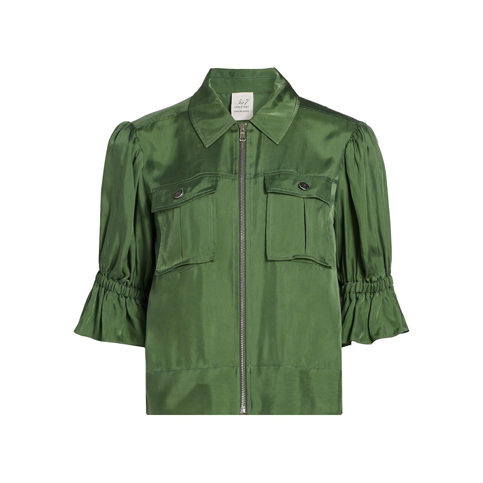 Cinq A Sept 'Holly' Green Cupro Puff-Sleeve Utility Jacket Size S