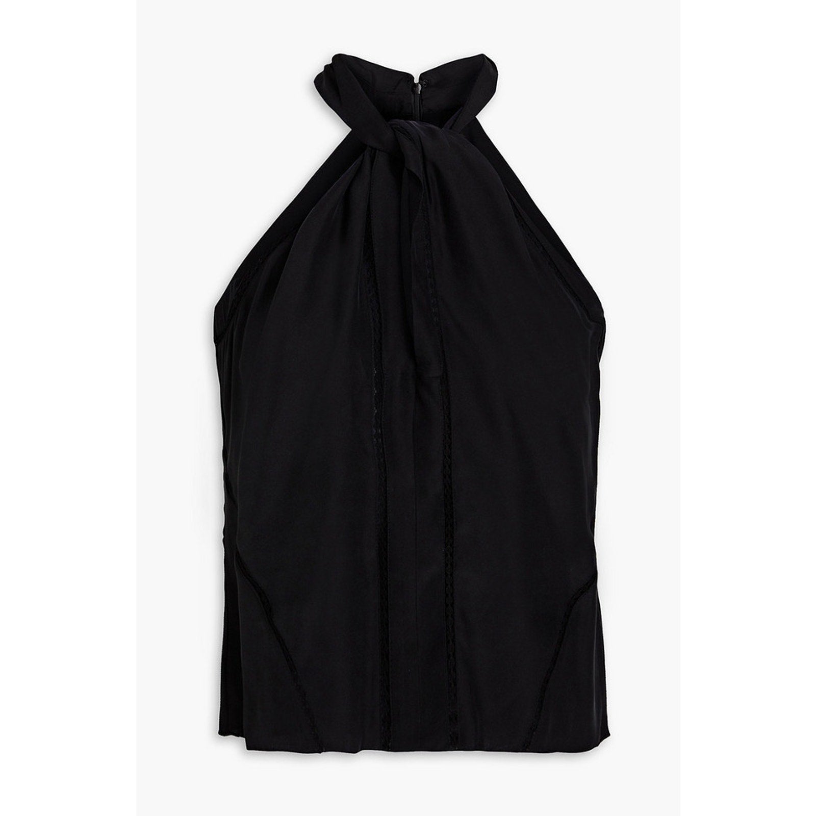 Frame Lace-Trimmed Black Silk Twist-Front Silk-Satin Halterneck Top Size L