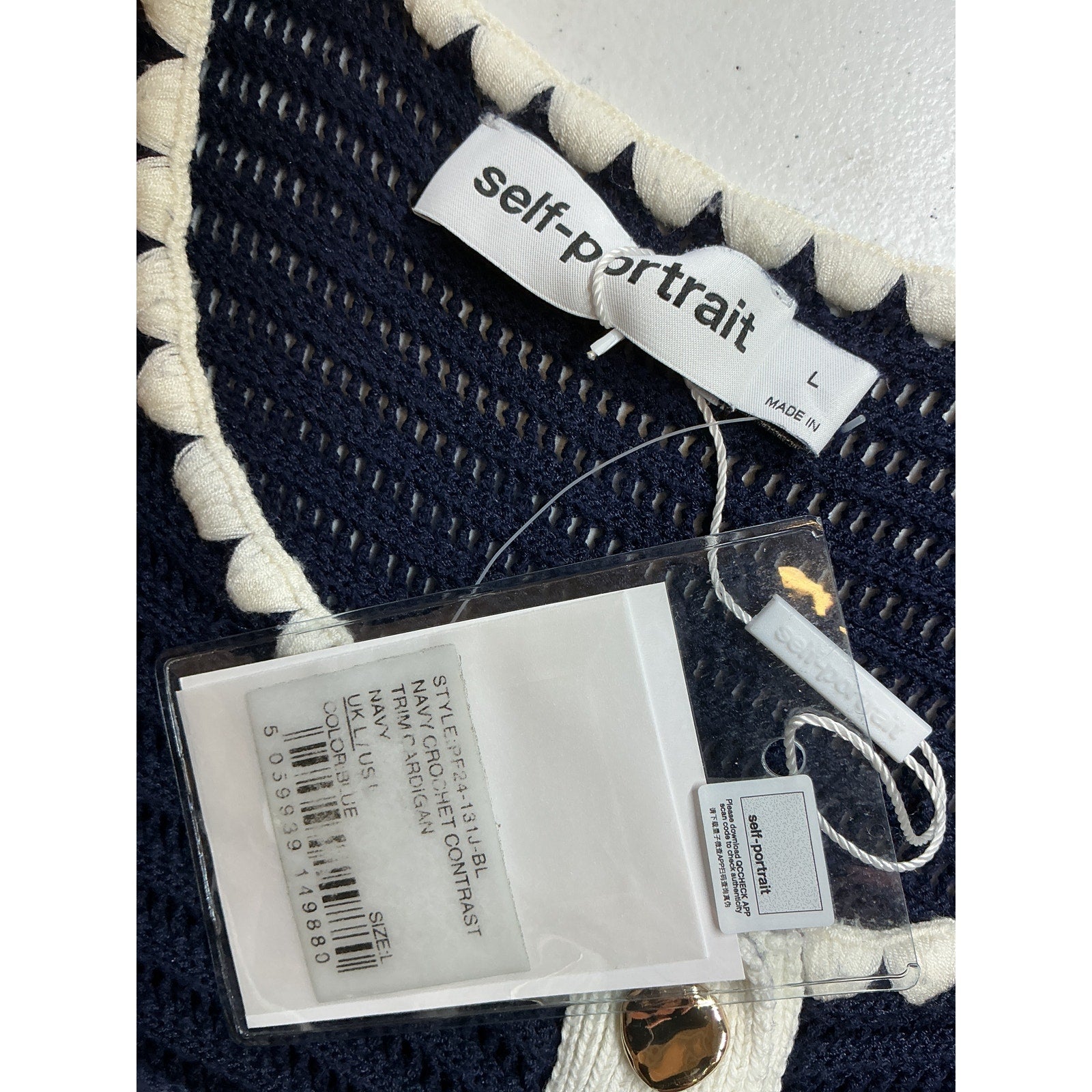 Self-Portrait Blue Cotton Contrast-Trim Cropped Crochet Cardigan Size L
