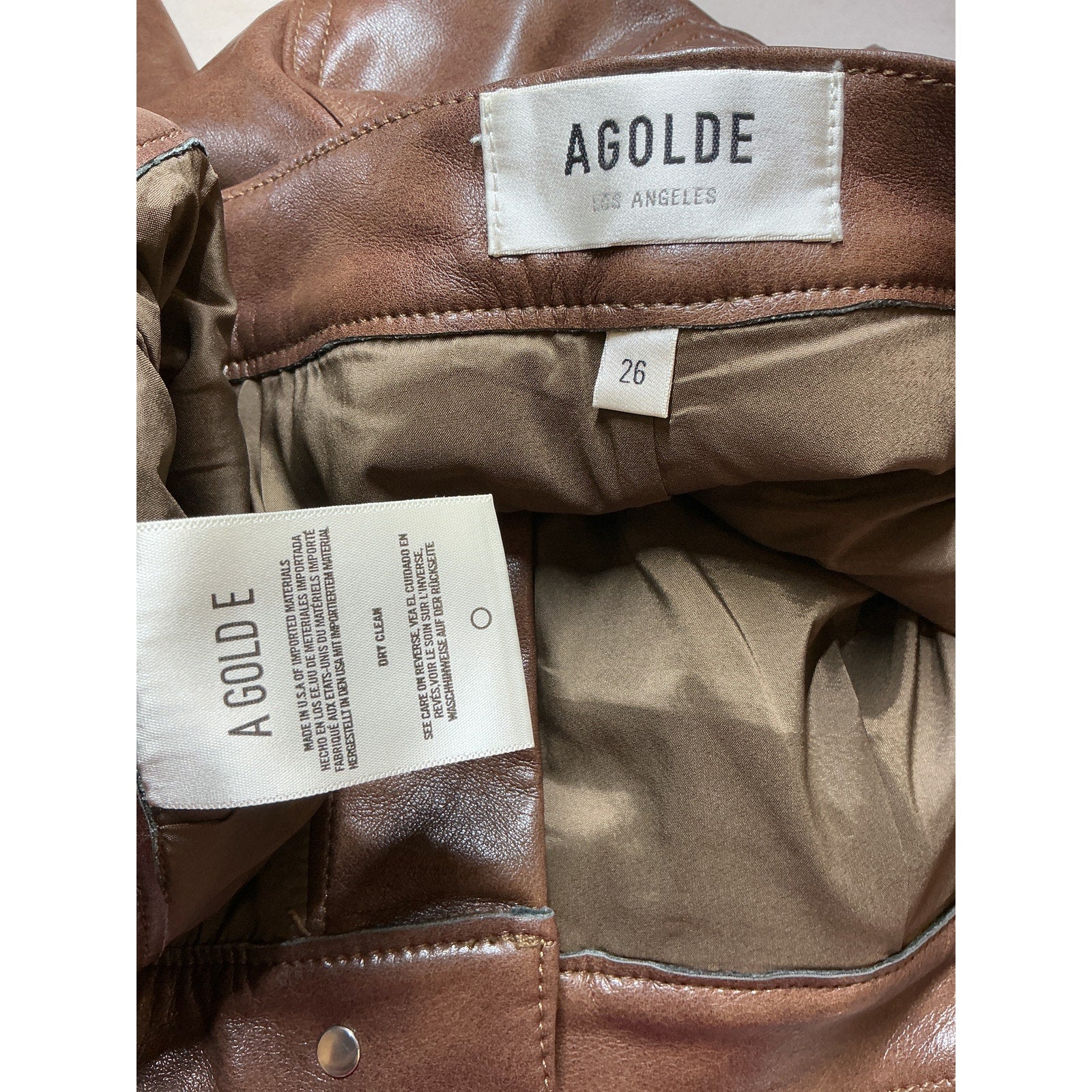 Agolde 'Dale' Brown Leather Wide Leg Carpenter Trouser Size 26
