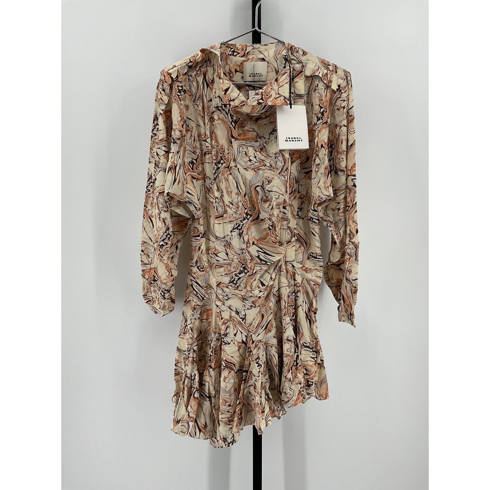 Isabel Marant 'Tharya' Beige Silk Asymmetric Printed Crepe De Chine Mini Dress Size 38 - NWT