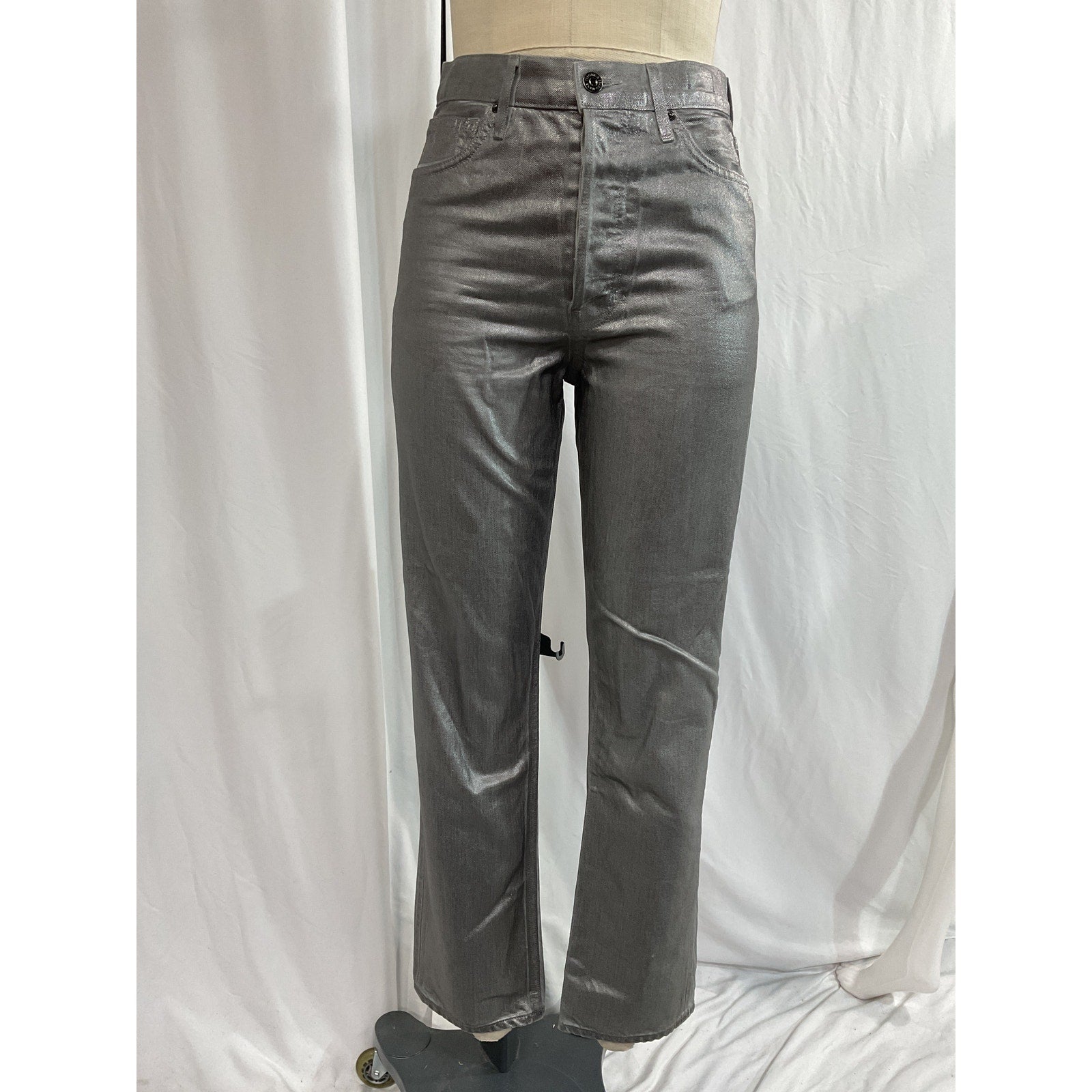 Veronica Beard 'Daniela' Silver Metallic Straight Leg Denim Jeans Size 26