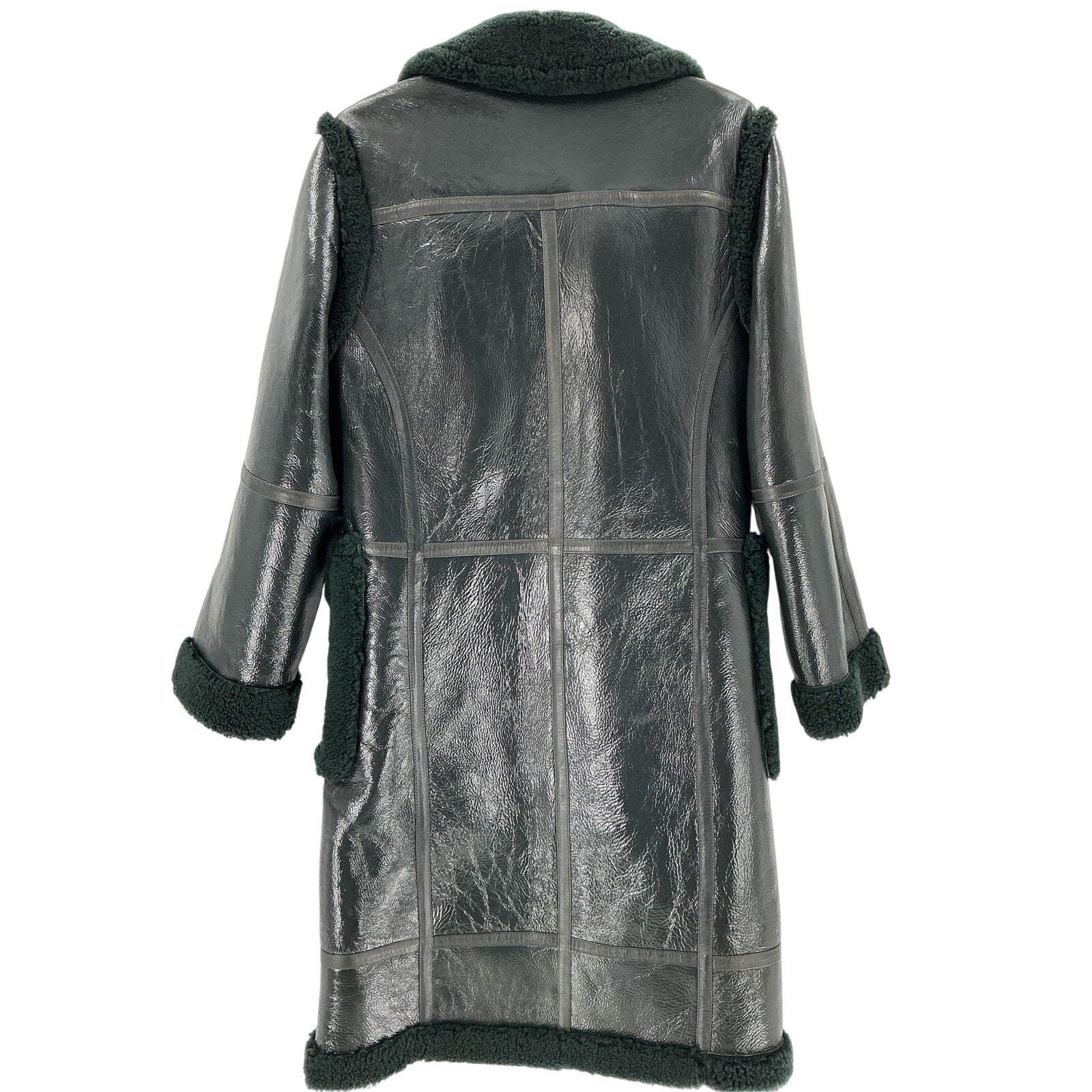 Helmut Lang Green Patent Shearling Coat Size XS