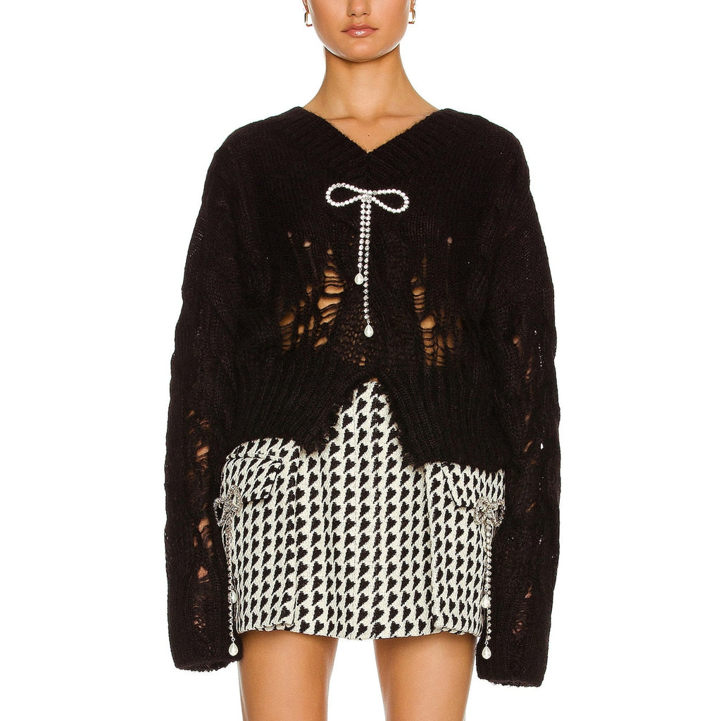 Area 'Distressed' Black Cable Knit Crystal Bow Pullover Size XS