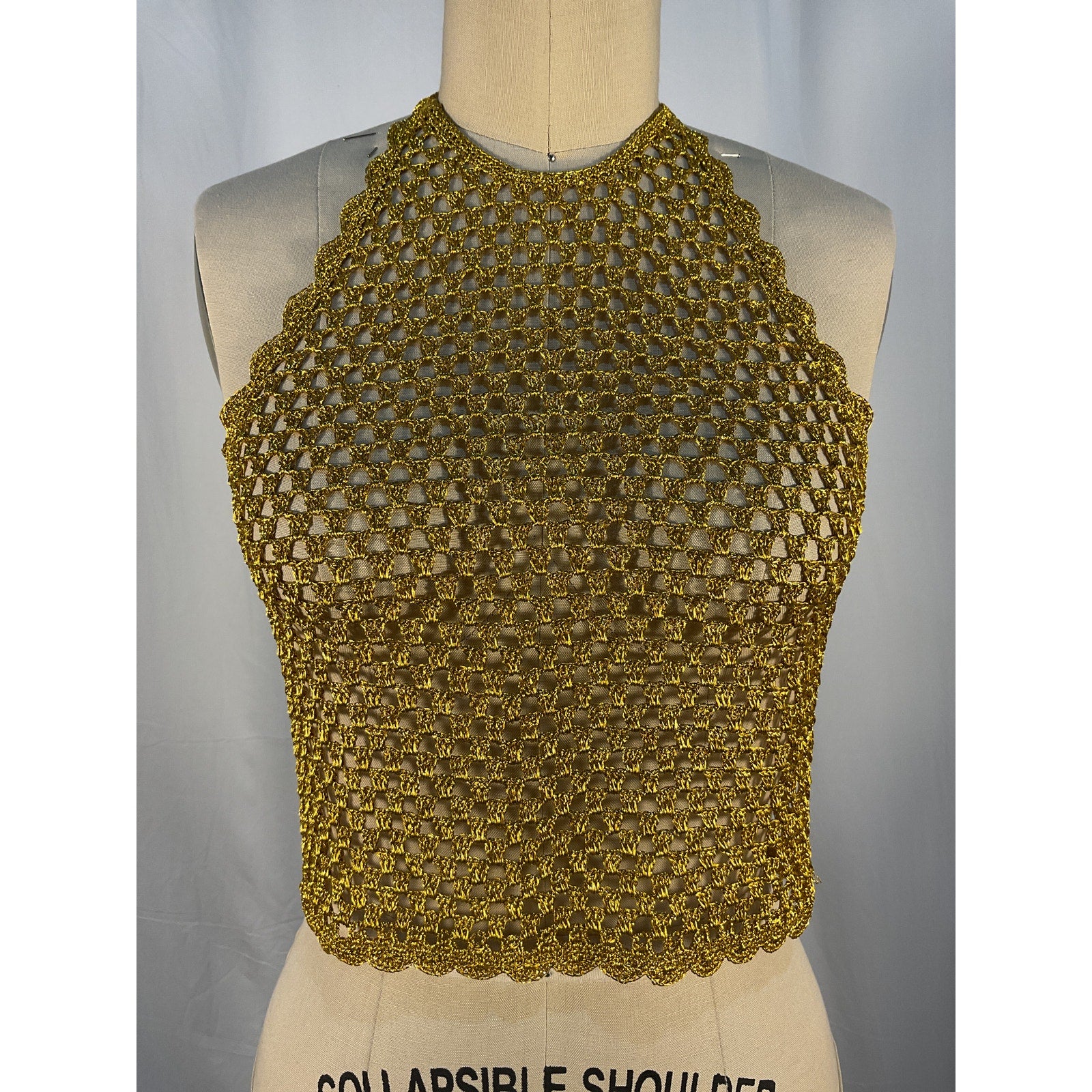 Ganni 'Metallic' Gold Viscose Crochet Top Size XS