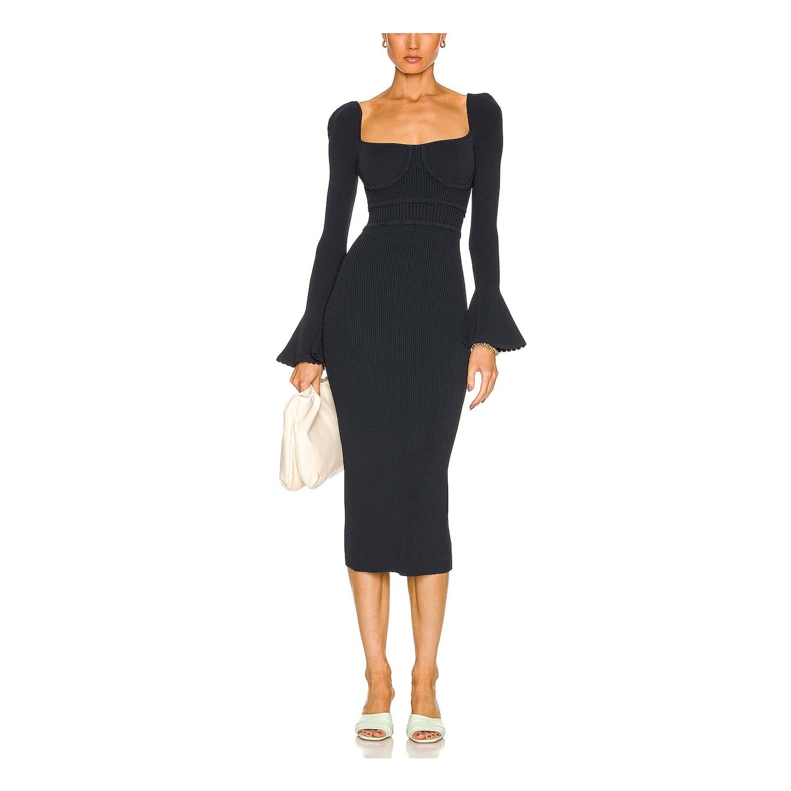 Self-Portrait Knit 'Scallop Edge' Green Viscose Midi Dress Size S