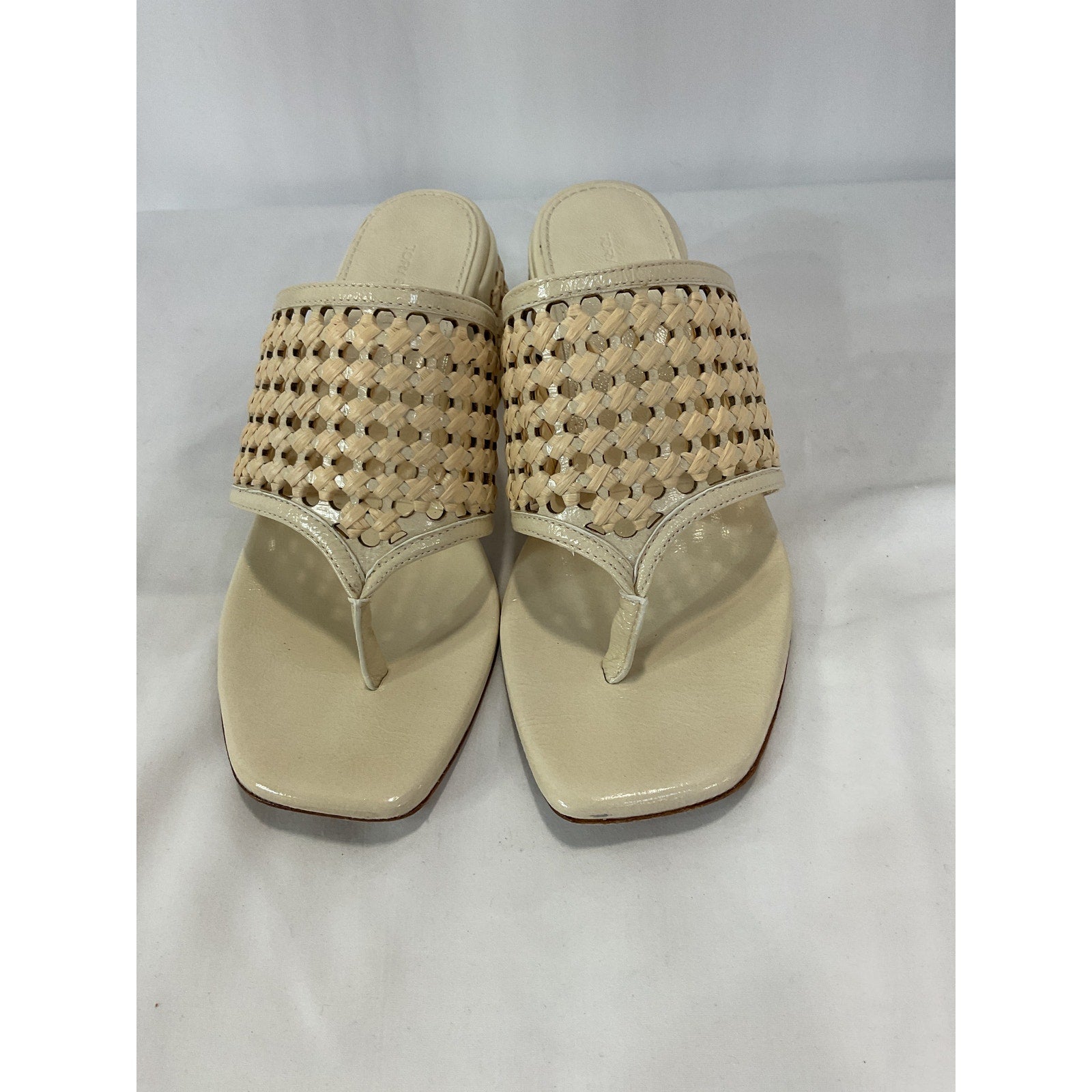 Tory Burch 'Woven' White Patent Leather Raffia Heeled Sandal Size 8.5
