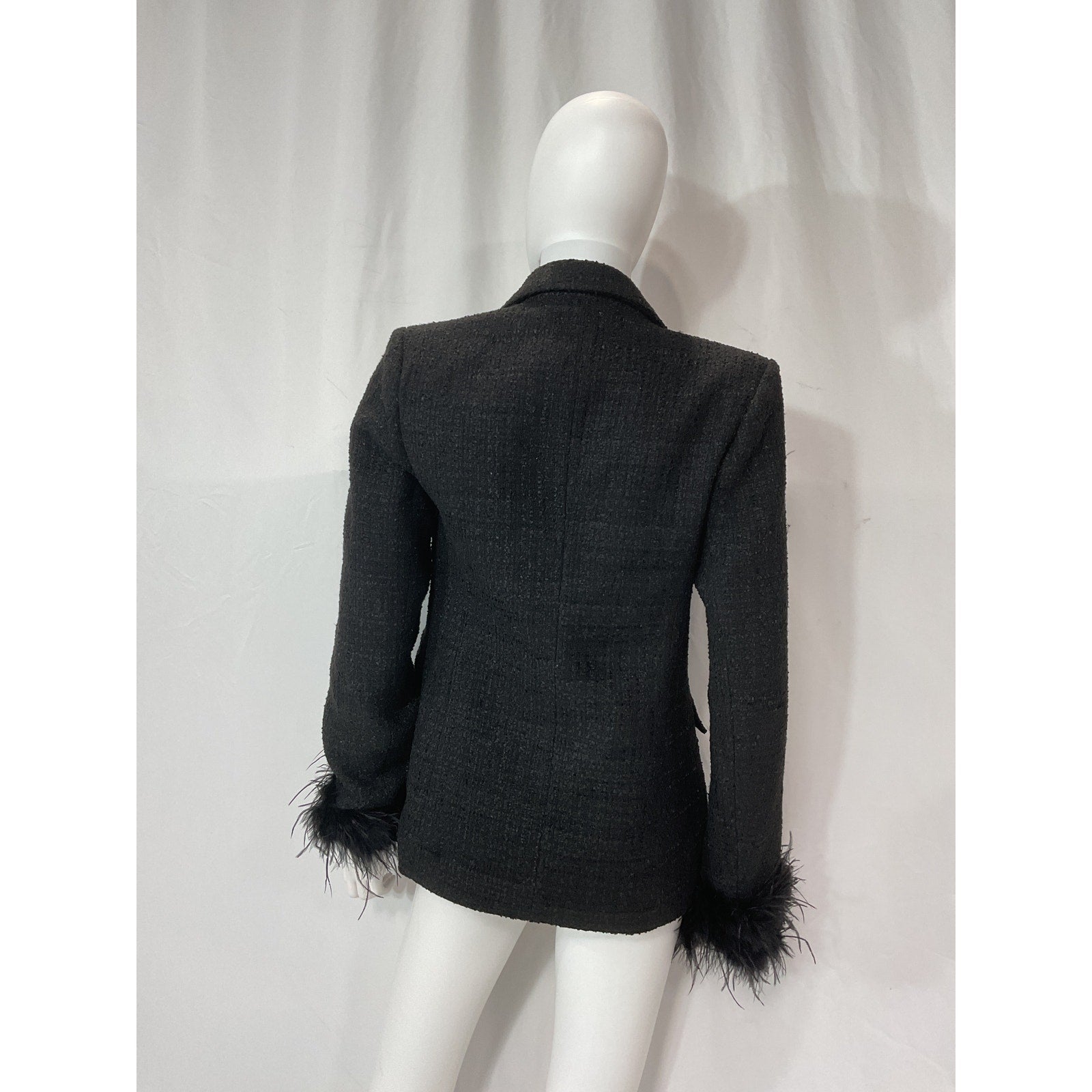 Line & Dot 'Marci' Black Tweed Feather Embellished Cuffs Blazer Size S