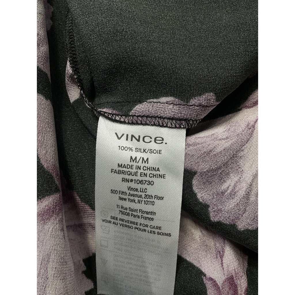 Vince 'Begonia' Black Floral Silk Banded Long Sleeve Collar Shirt Size M