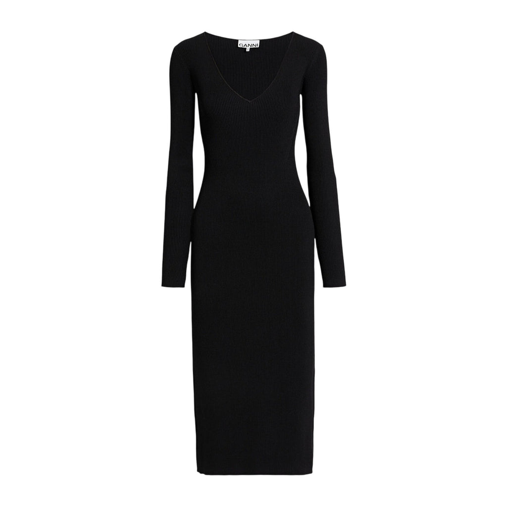 Ganni Ribbed-Knit Black Rayon Midi Dress Size XXS