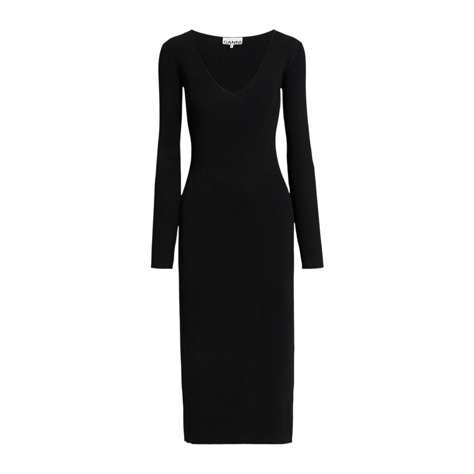 Ganni Ribbed-Knit Black Rayon Midi Dress Size XXS