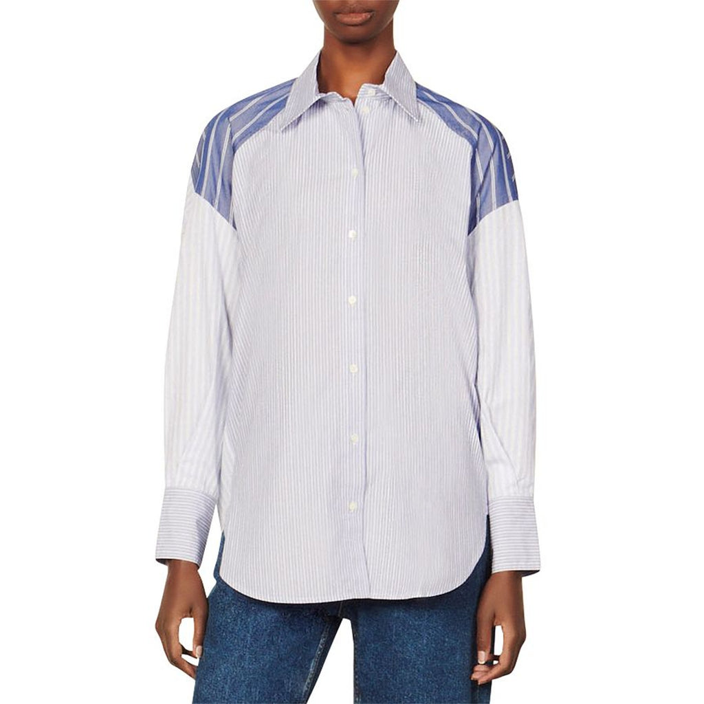 Sandro 'Oriane' Blue Striped Button Up Cotton Shirt Size XS