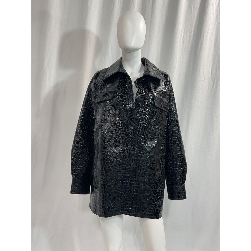 Stand Studio 'Sabitha' Black Croc Embossed Faux Leather Overshirt Size 34