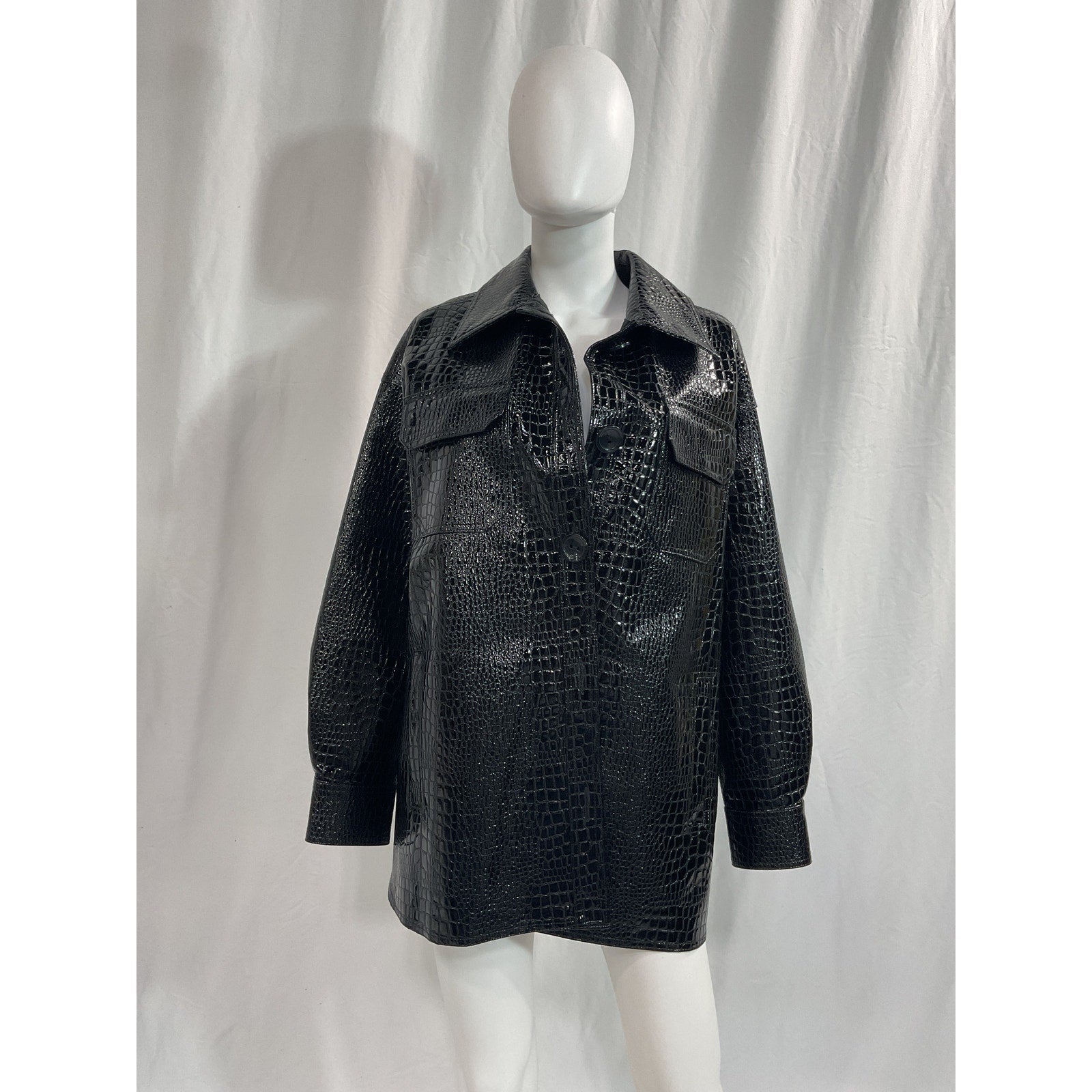 Stand Studio 'Sabitha' Black Croc Embossed Faux Leather Overshirt Size 34