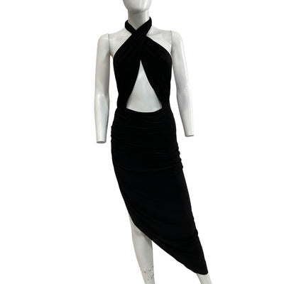 Norma Kamali Elegant Black Cross Halter Side Drape Gown Size M