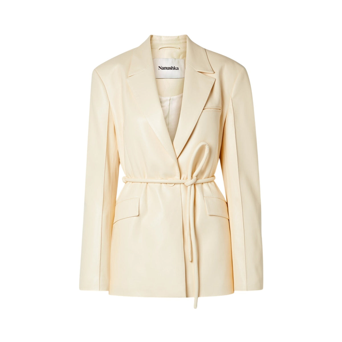 Nanushka 'Mariko' Cream Polyester Belted Vegan Leather Blazer Size XS