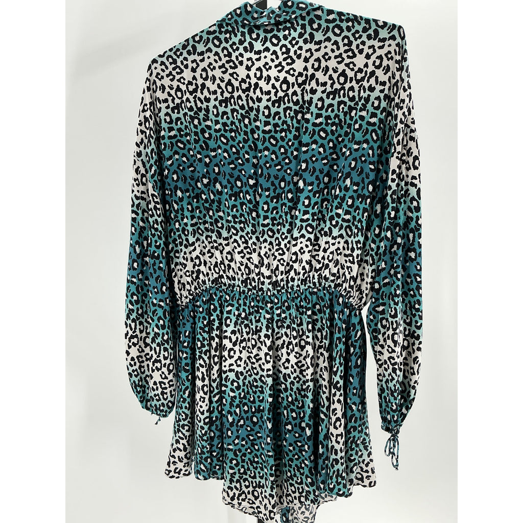Retrofete Leopard-Print Blue Silk Dress Size L
