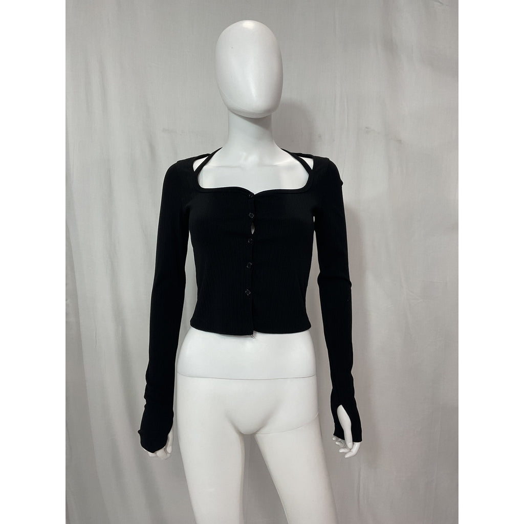 Helmut Lang Square Neck Black Long Sleeve Cardigan Size S