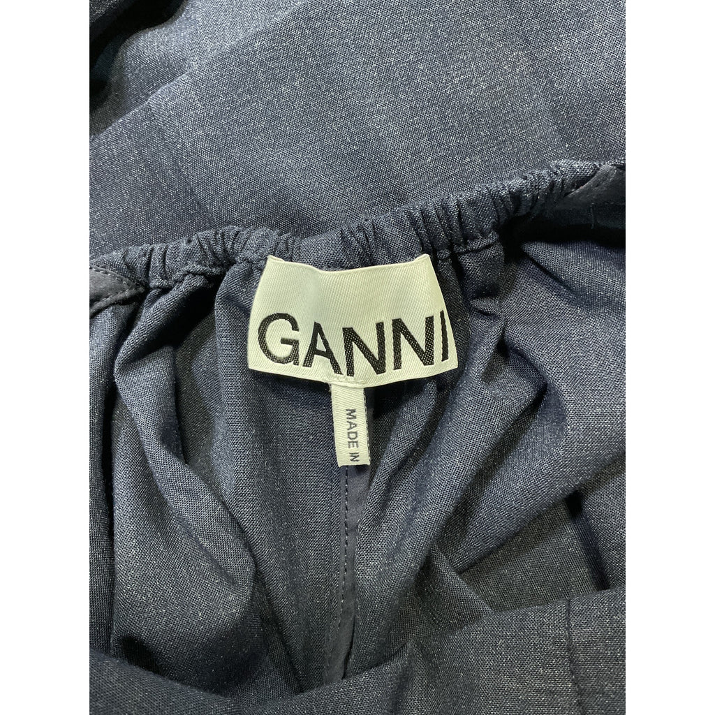 Ganni 'Drapey' Navy Melange Open Back Long Sleeve Mini Dress Size 32