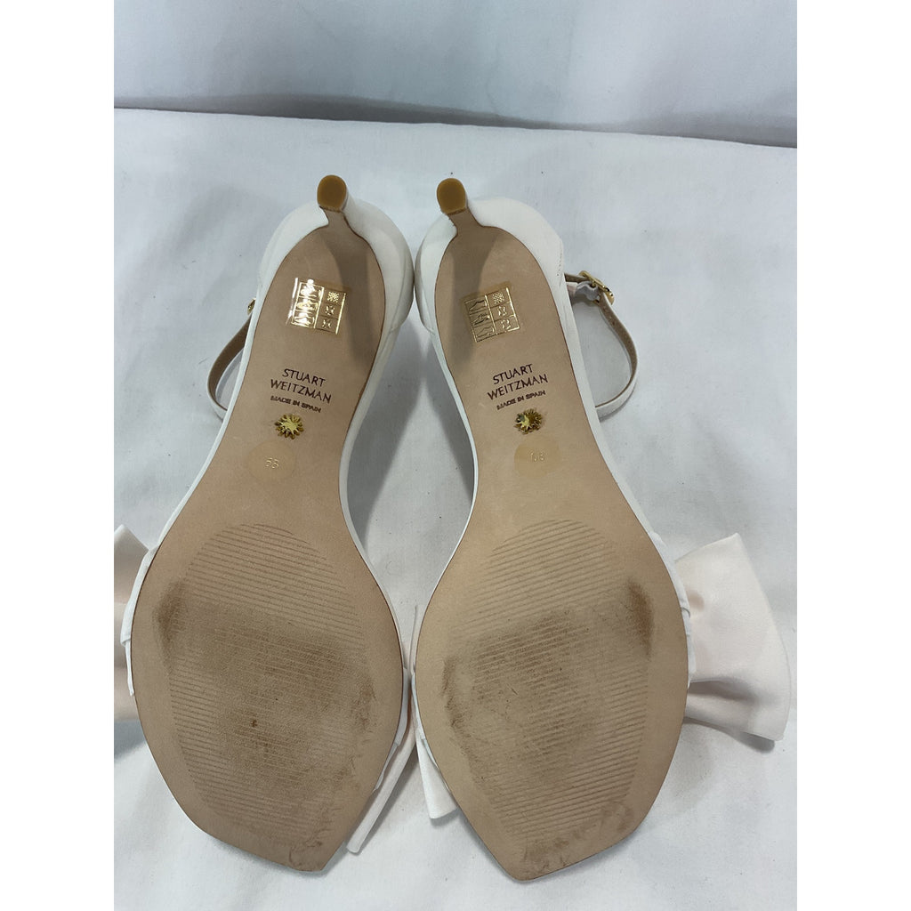 Stuart Weitzman 'Nudistcurve Loveknot 75' White Satin Asymmetrical Square Toe Sandal Size 6 - NWT