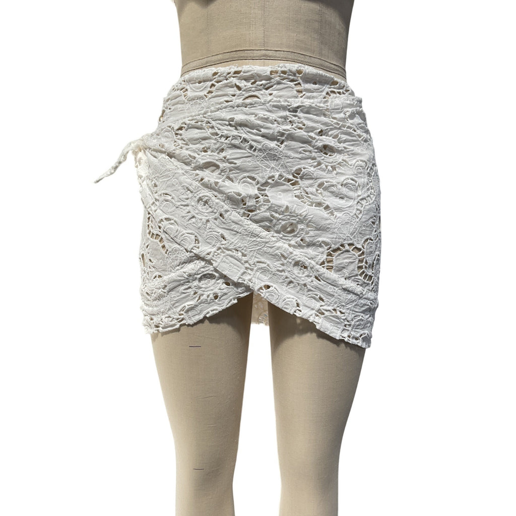 Farm Rio 'Sun' White Cotton Eyelet Wrap Mini Skirt Size XS