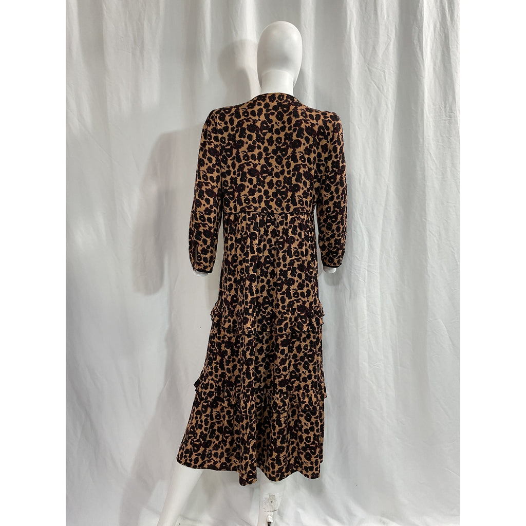 Ba&Sh Animal Print Brown Three Quarter Sleeve V Neck Midi Dress Size L