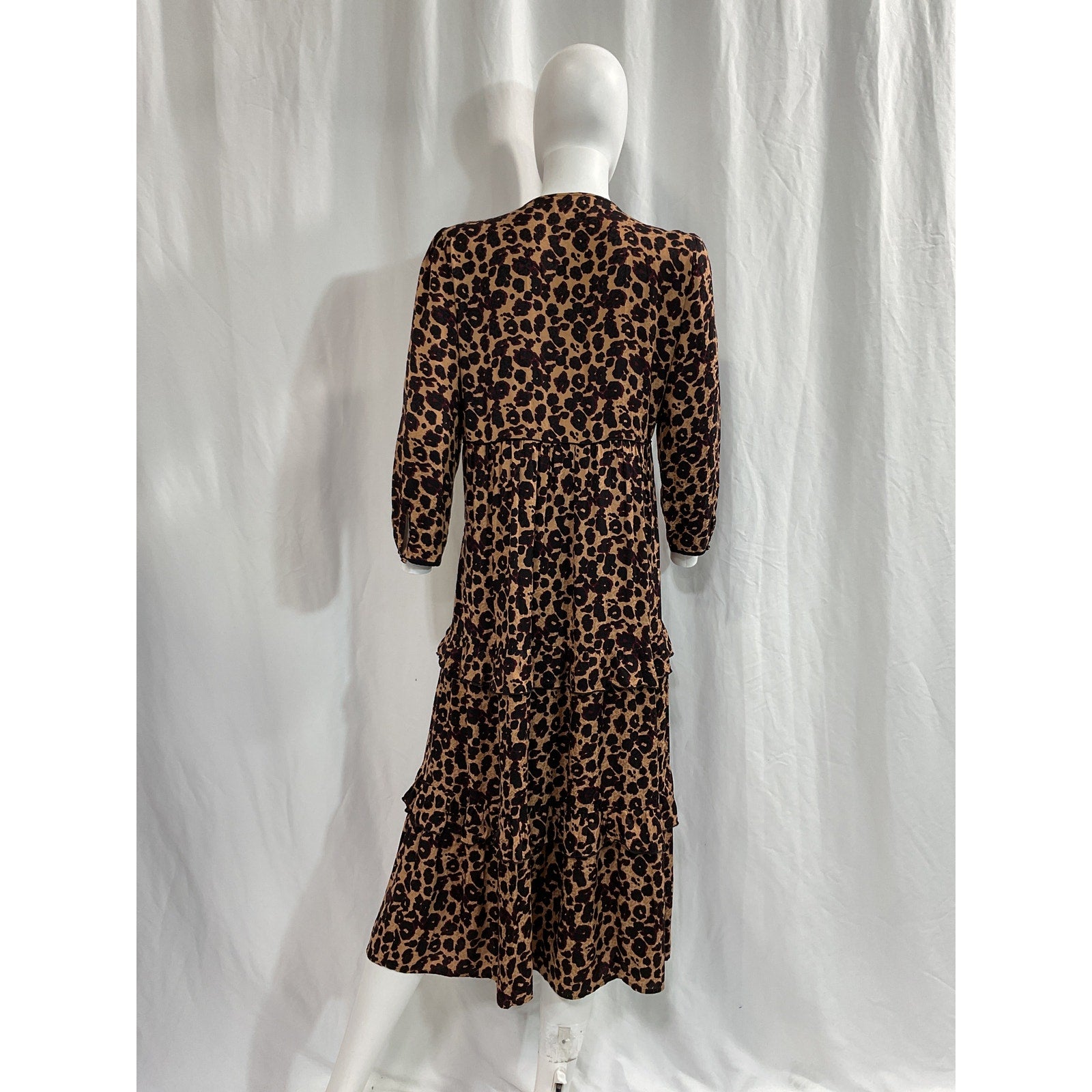 Ba&Sh Animal Print Brown Three Quarter Sleeve V Neck Midi Dress Size L