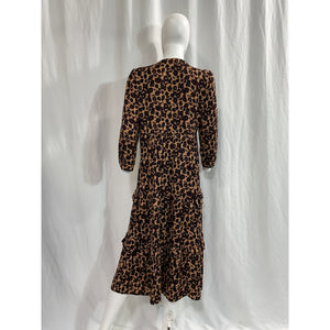 Ba&Sh Animal Print Brown Three Quarter Sleeve V Neck Midi Dress Size L