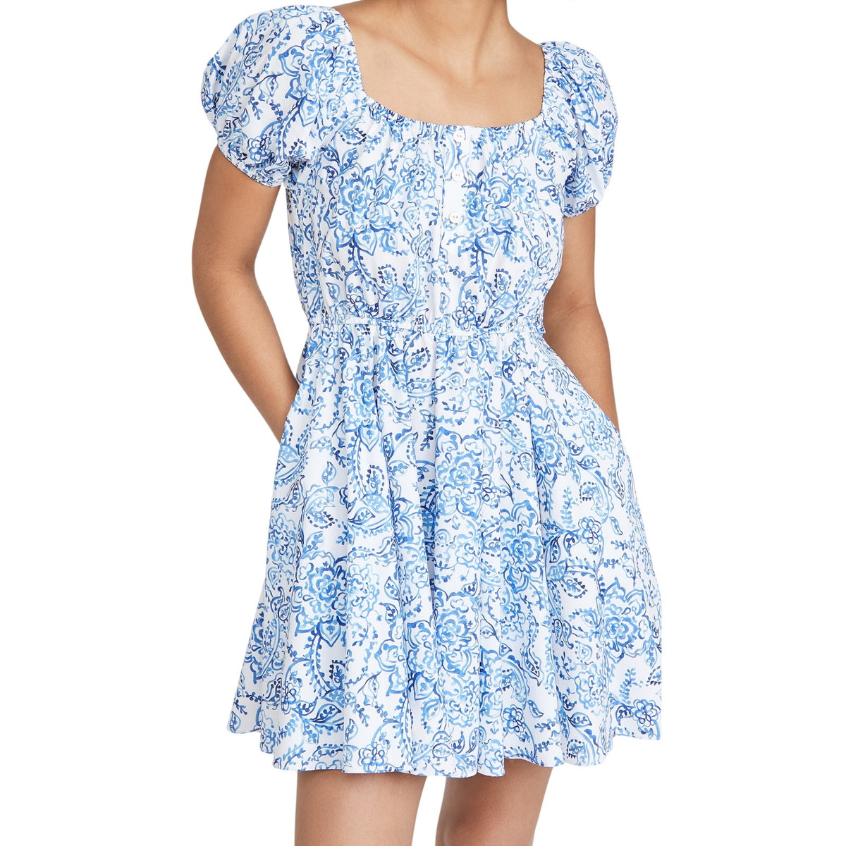 Caroline Constas Printed Blue Garden Toile Bardot Mini Dress Size L