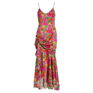 Caroline Constas Ruched Pink Summer Floral Holland Maxi Dress Size XS