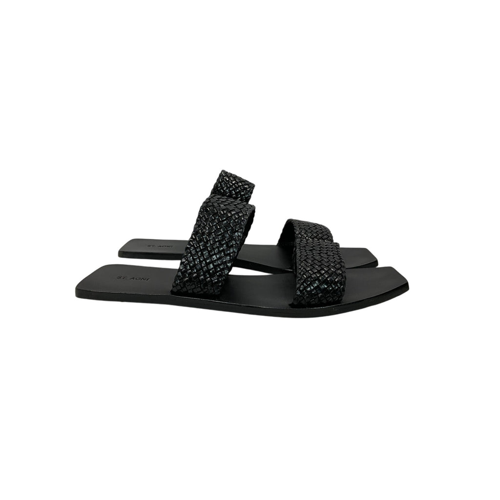 St. Agni 'Clea' Black Leather Woven Leather Slides Size 8