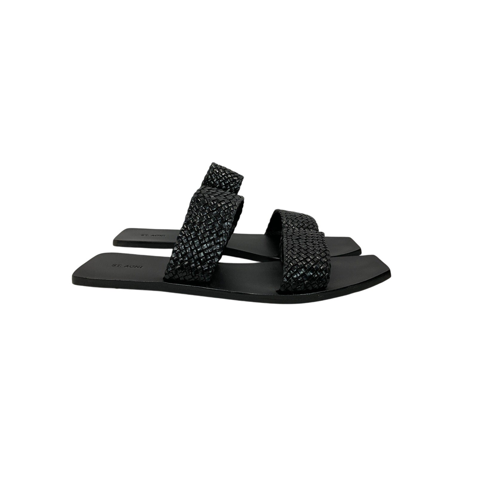 St. Agni 'Clea' Black Leather Woven Leather Slides Size 8