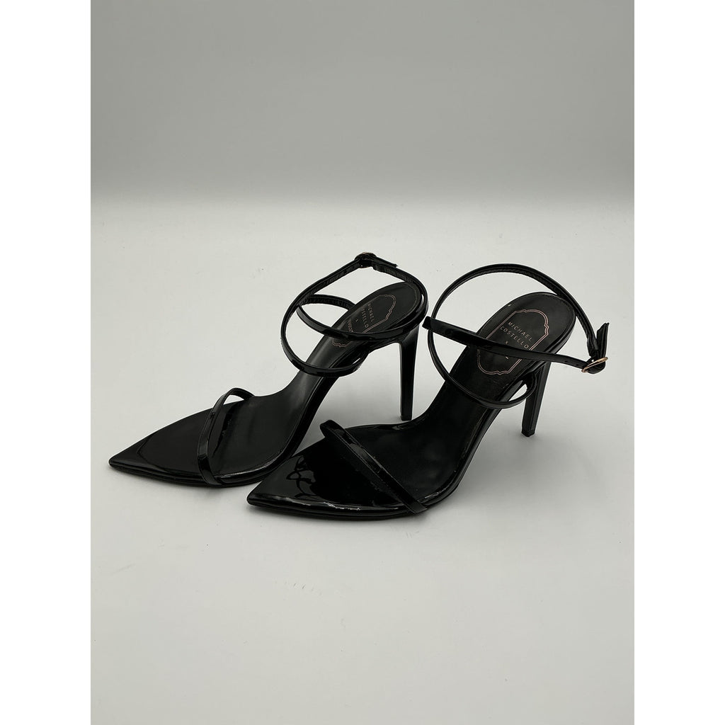 Michael Costello x Revolve 'Sonia' Black Faux Patent Leather Stiletto Heel Sandal Size 8