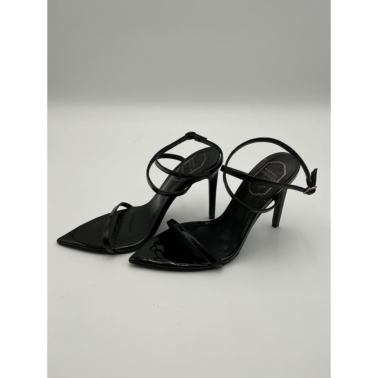 Michael Costello x Revolve 'Sonia' Black Faux Patent Leather Stiletto Heel Sandal Size 8