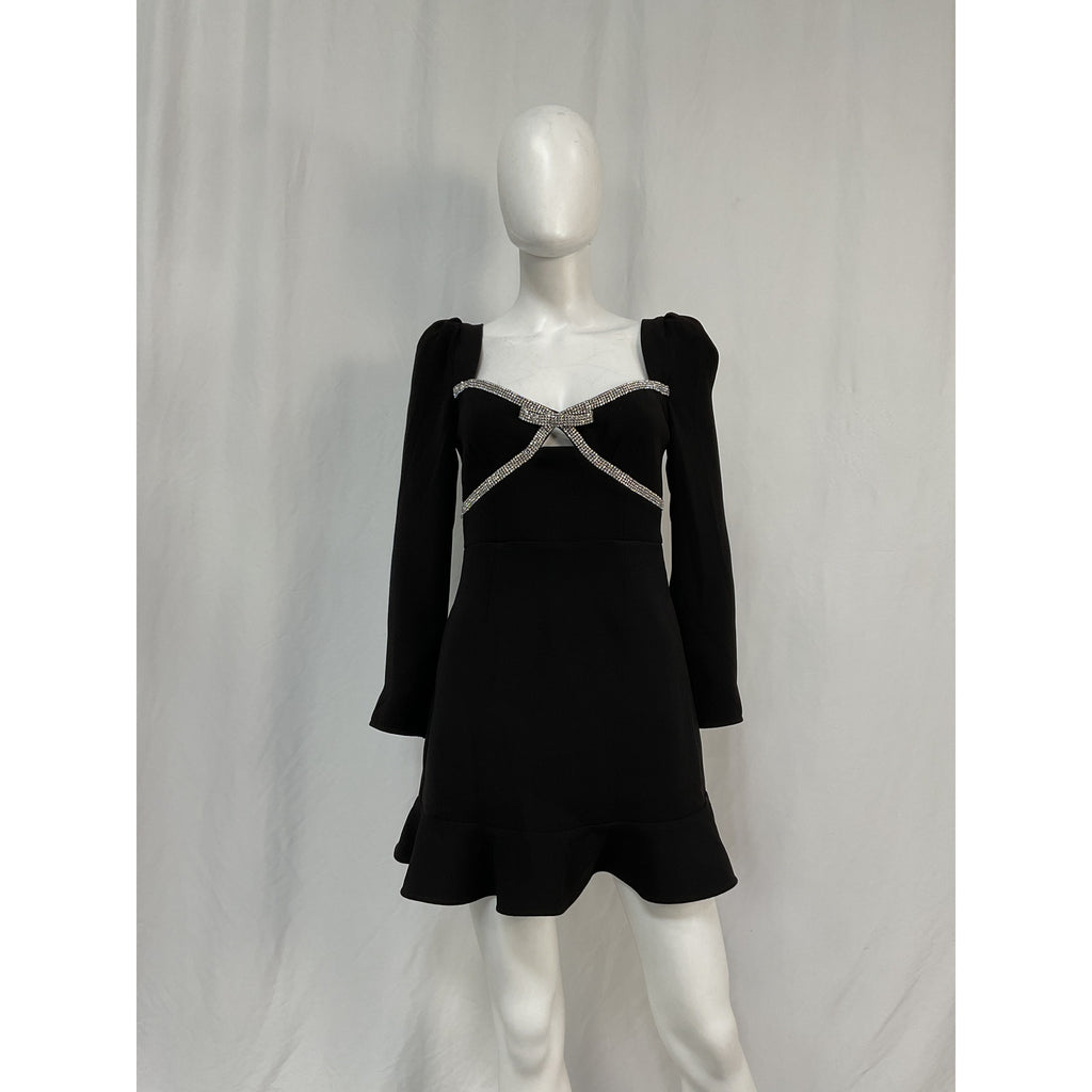 Self-Portrait Crystal-Embellished Ruffled Crepe Black Polyester Mini Dress Size 4