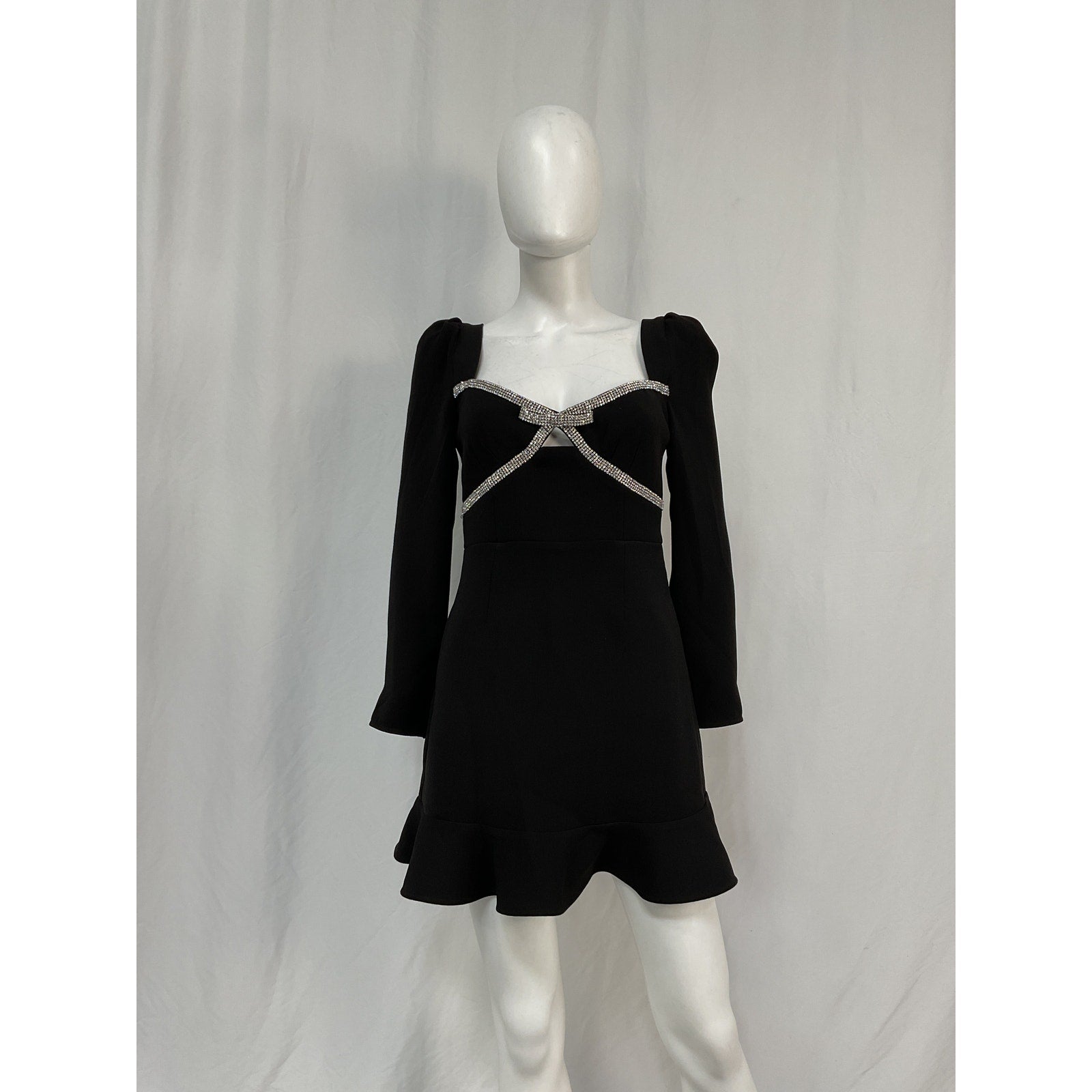 Self-Portrait Crystal-Embellished Ruffled Crepe Black Polyester Mini Dress Size 4
