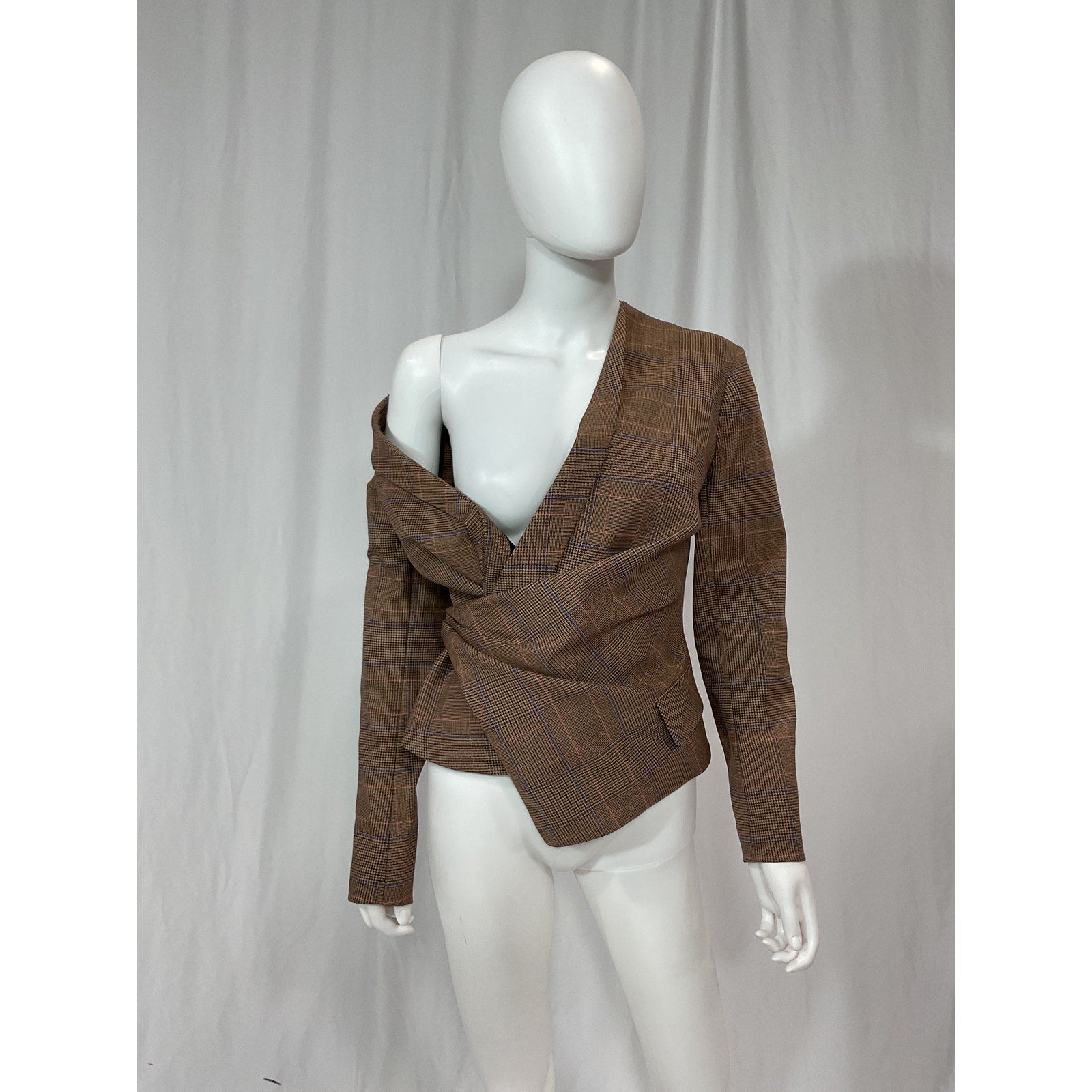 A.L.C. 'Skyla' Brown Draped Prince Of Wales Checked Woven Wrap Top Size 4 - NWT
