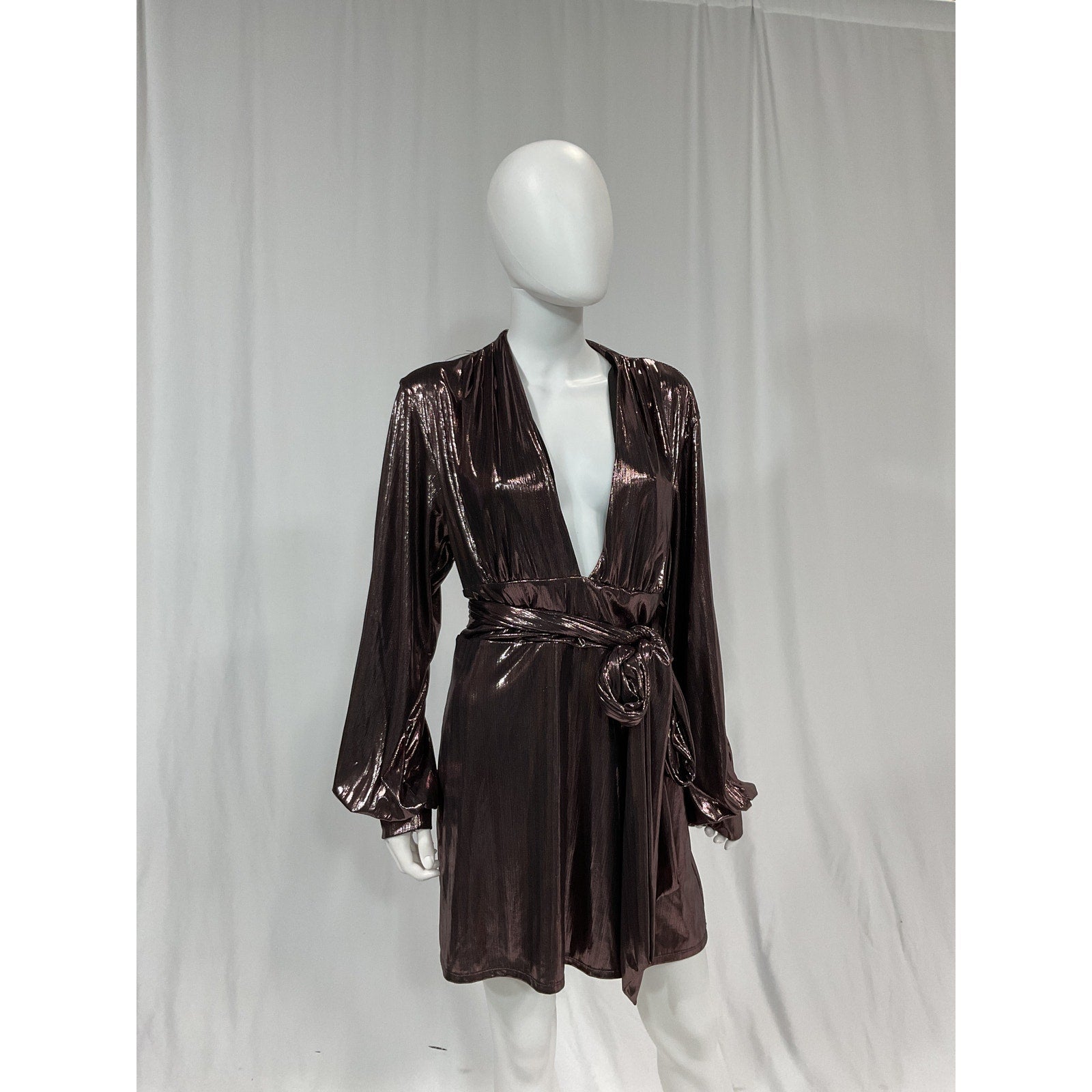 House Of Harlow 1960 'Bourdin' Brown Sheen Metallic Mini Waist Tie Dress Size XL