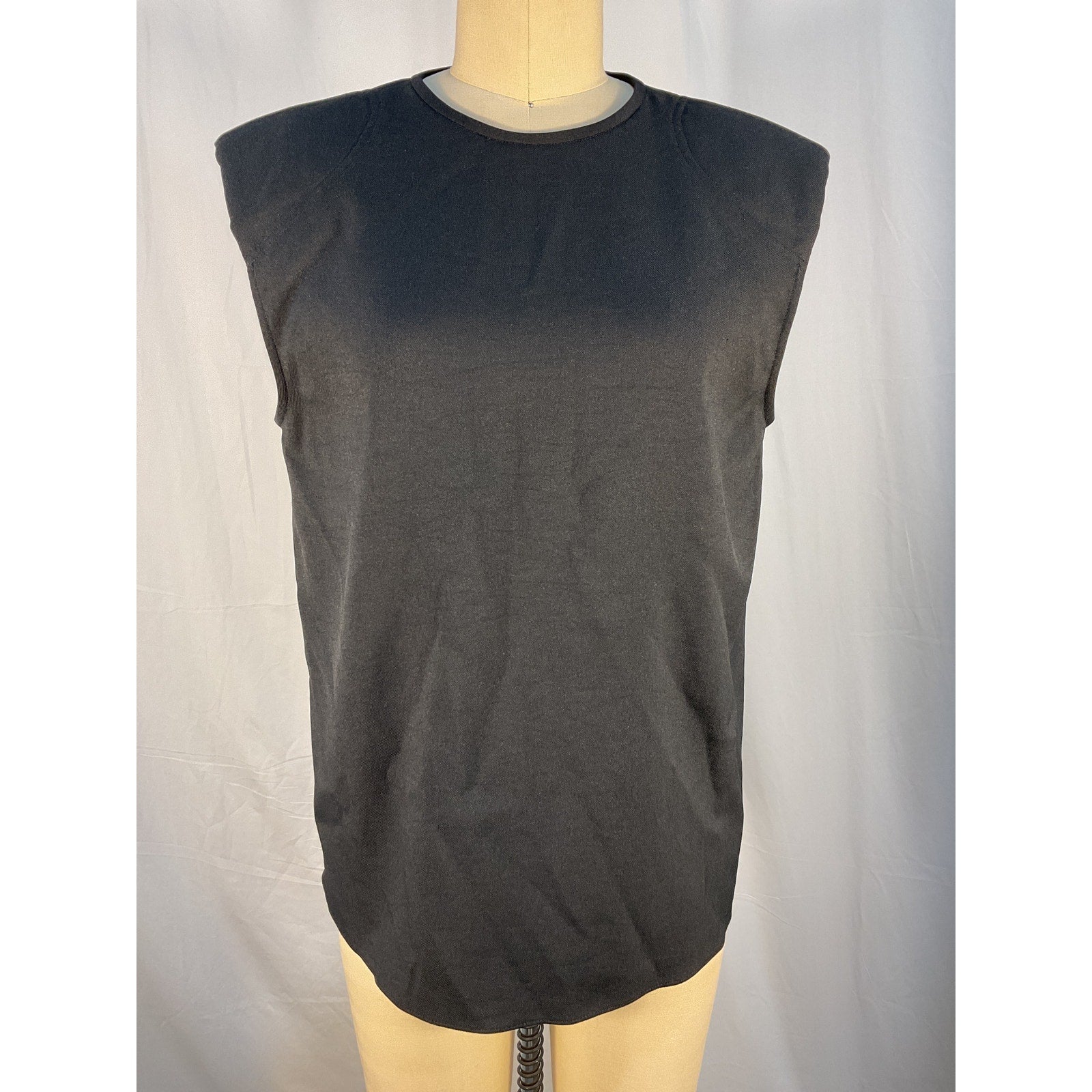 Tibi 'Chalky' Black Polyester  Drape Padded Shoulder Sleeveless Top Size M