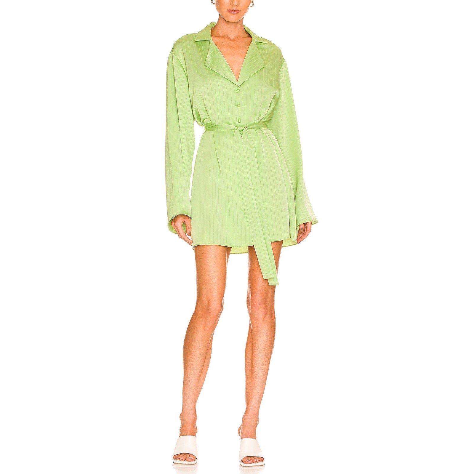 Lpa Green Satin Dress Shirt With Waist Tie Size S