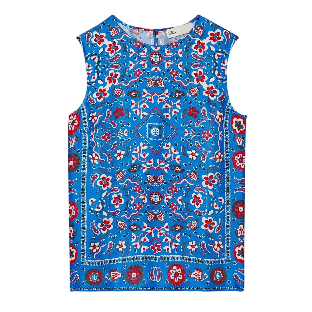 Tory Burch Silk Cobalt Blue Pisces Dream Shell Top Size 2