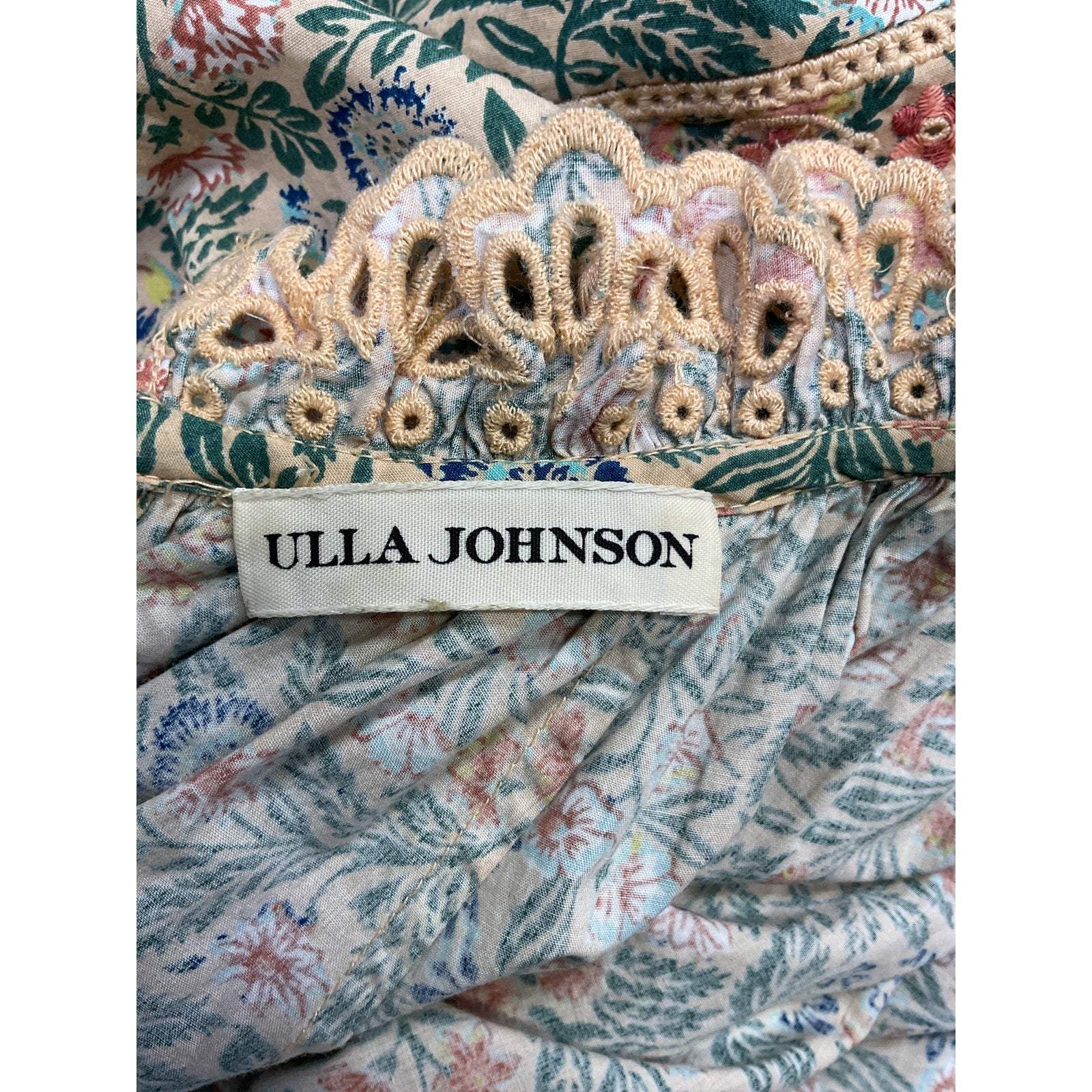 Ulla Johnson 'Ardith' Green Belted Broderie Anglaise-Trimmed Floral Poplin Mini Dress Size 4