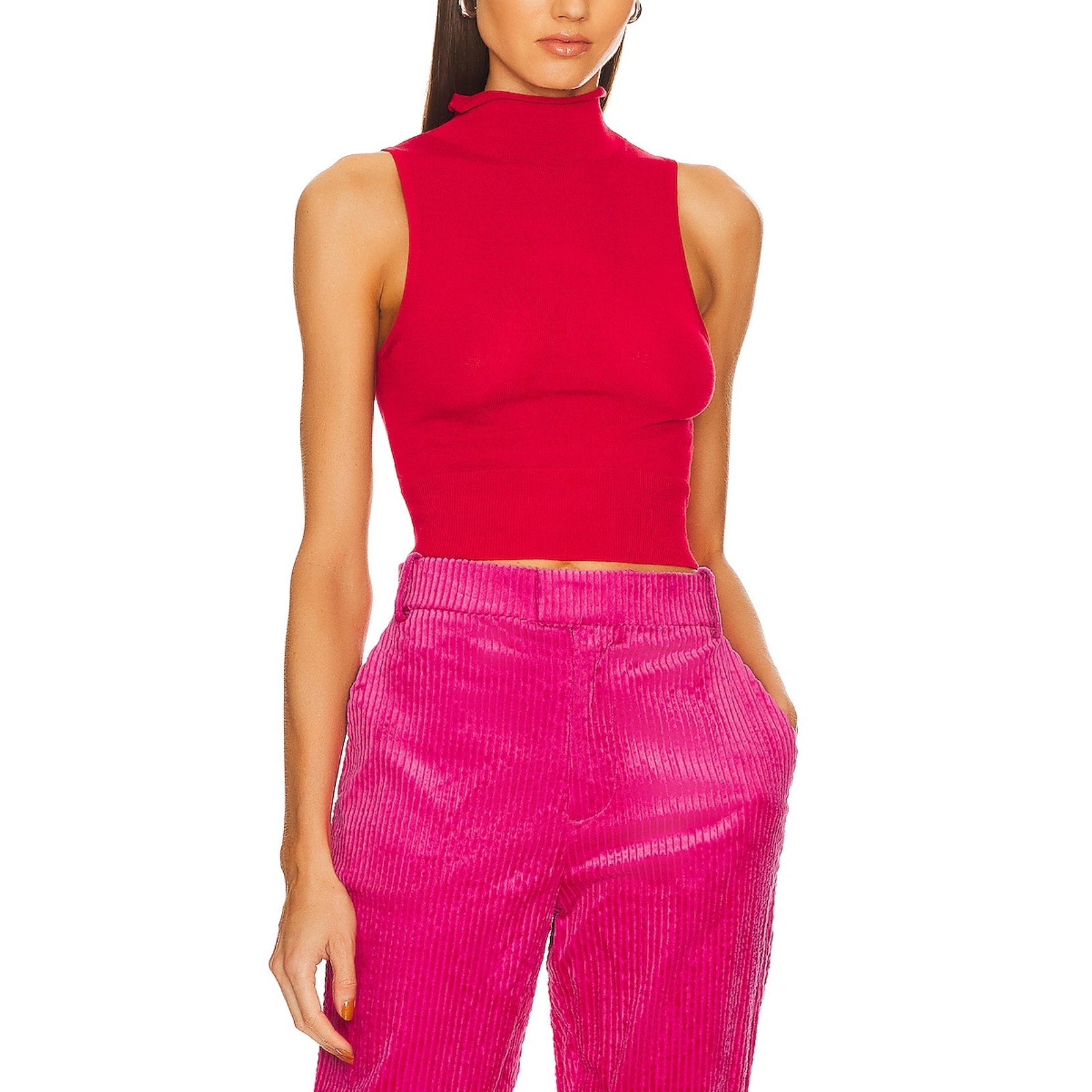 L'Academie 'Eldon' Red Cotton Sheer Sleeveless Turtleneck Top Size M