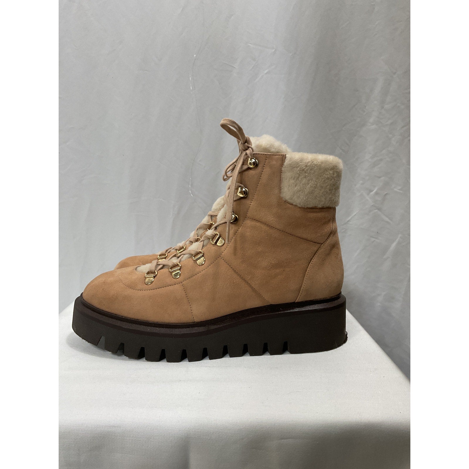 Stuart Weitzman 'Chalet' Brown Suede & Faux Fur Trim Combat Boots Size 9.5