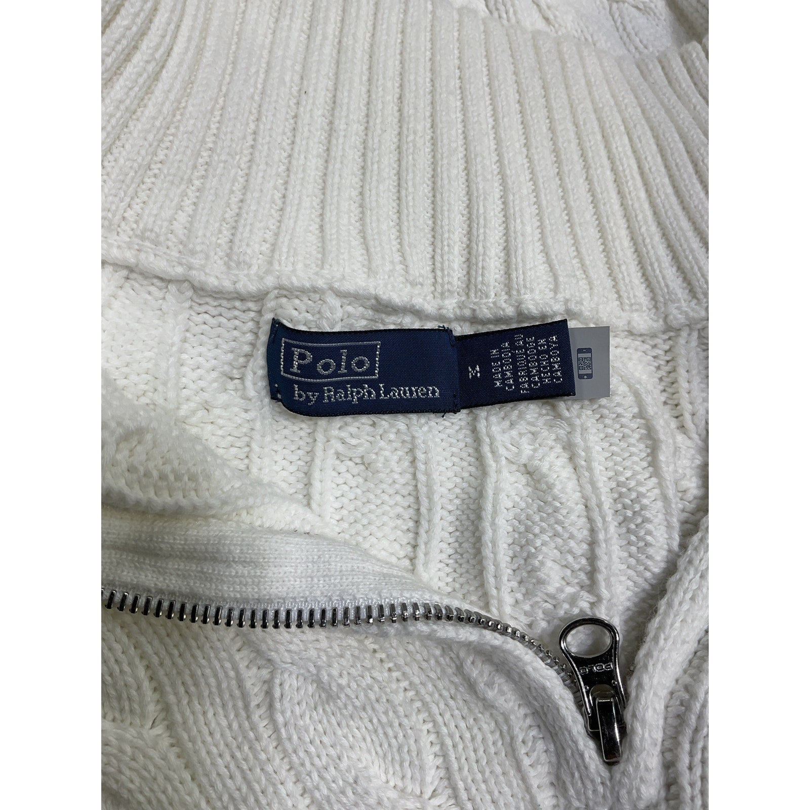 Polo Ralph Lauren White Cotton Cable-Knit Quarter-Zip Sweater Size M