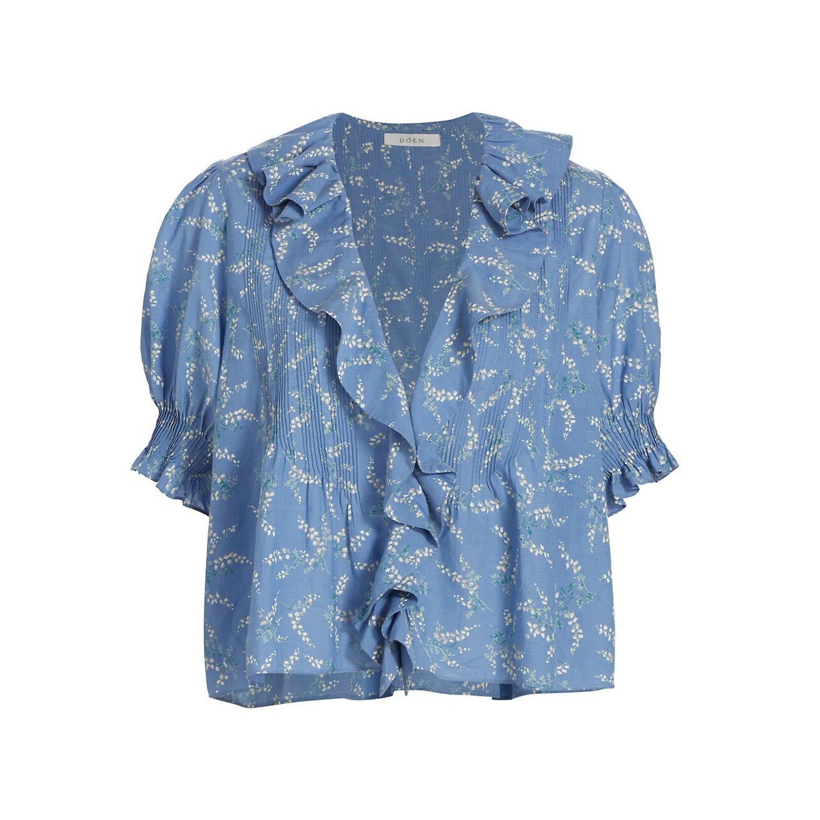 D�en 'Henri' Blue Cotton Pleated Floral Top Size S